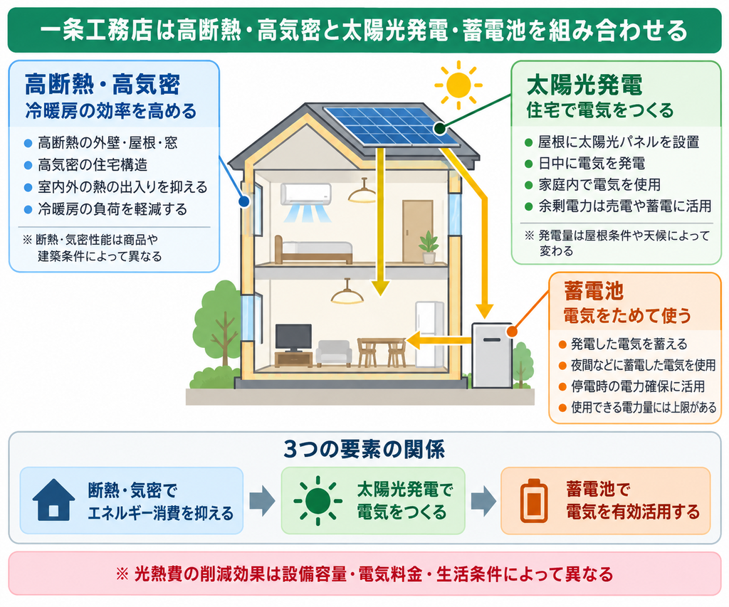  一条工務店の高断熱・高気密住宅と太陽光発電・蓄電池の役割や電気の流れを示した相関図