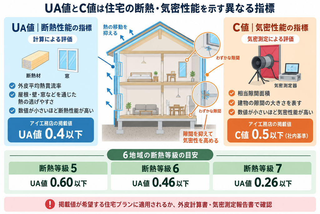 UA値とC値の違いを住宅断面で示し、広島市など6地域の断熱等級基準を整理した図