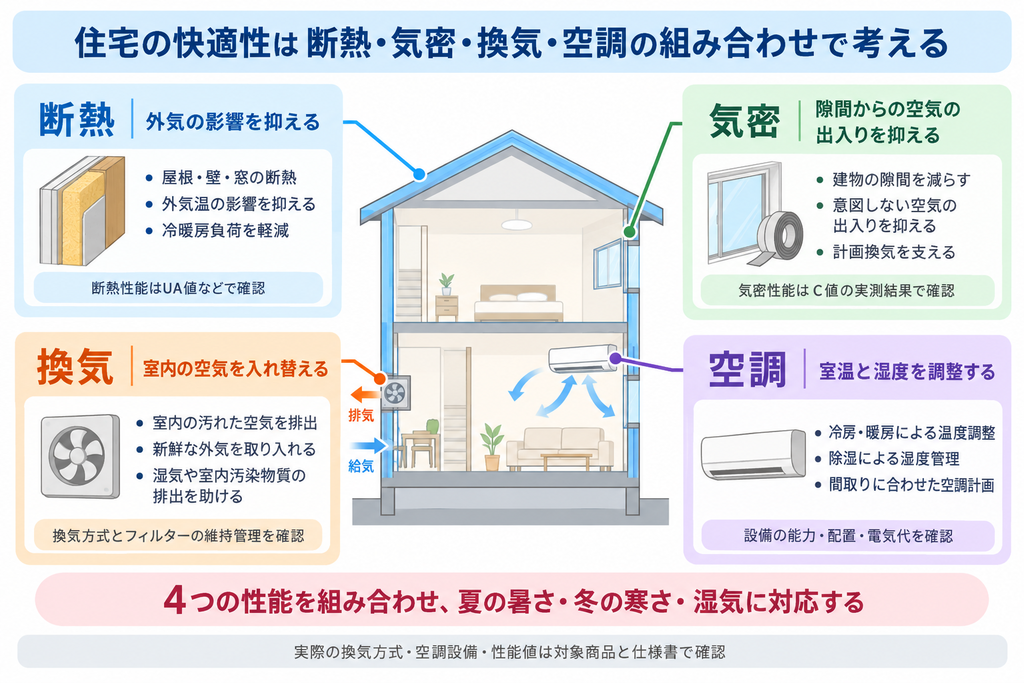 住宅の断熱・気密・換気・空調の4要素が室内環境に与える役割と関係を示す図
