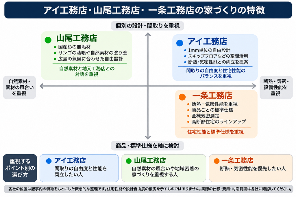 アイ工務店・山尾工務店・一条工務店の設計自由度、自然素材、住宅性能の方向性を比較した図
