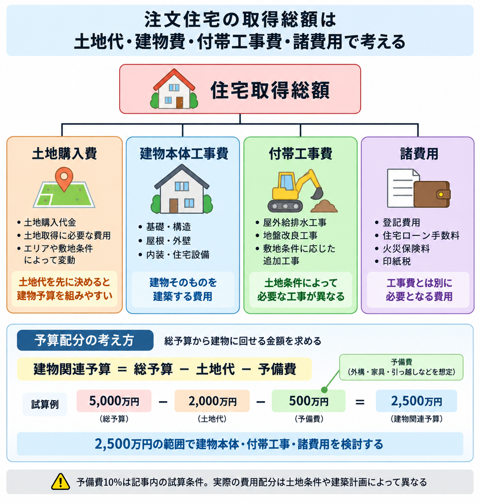注文住宅の取得総額を土地代・建物本体・付帯工事・諸費用に分け、予算配分を示す図