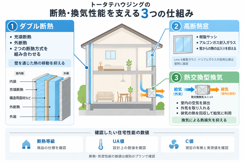  ダブル断熱、高断熱窓、熱交換型換気が住宅の熱の出入りや換気にどのように関係するかを示した図