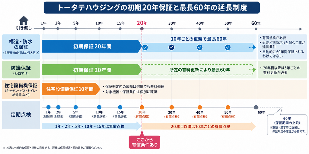 トータテハウジングの初期20年保証、最長60年の延長条件、設備保証と定期点検の時期を示した図