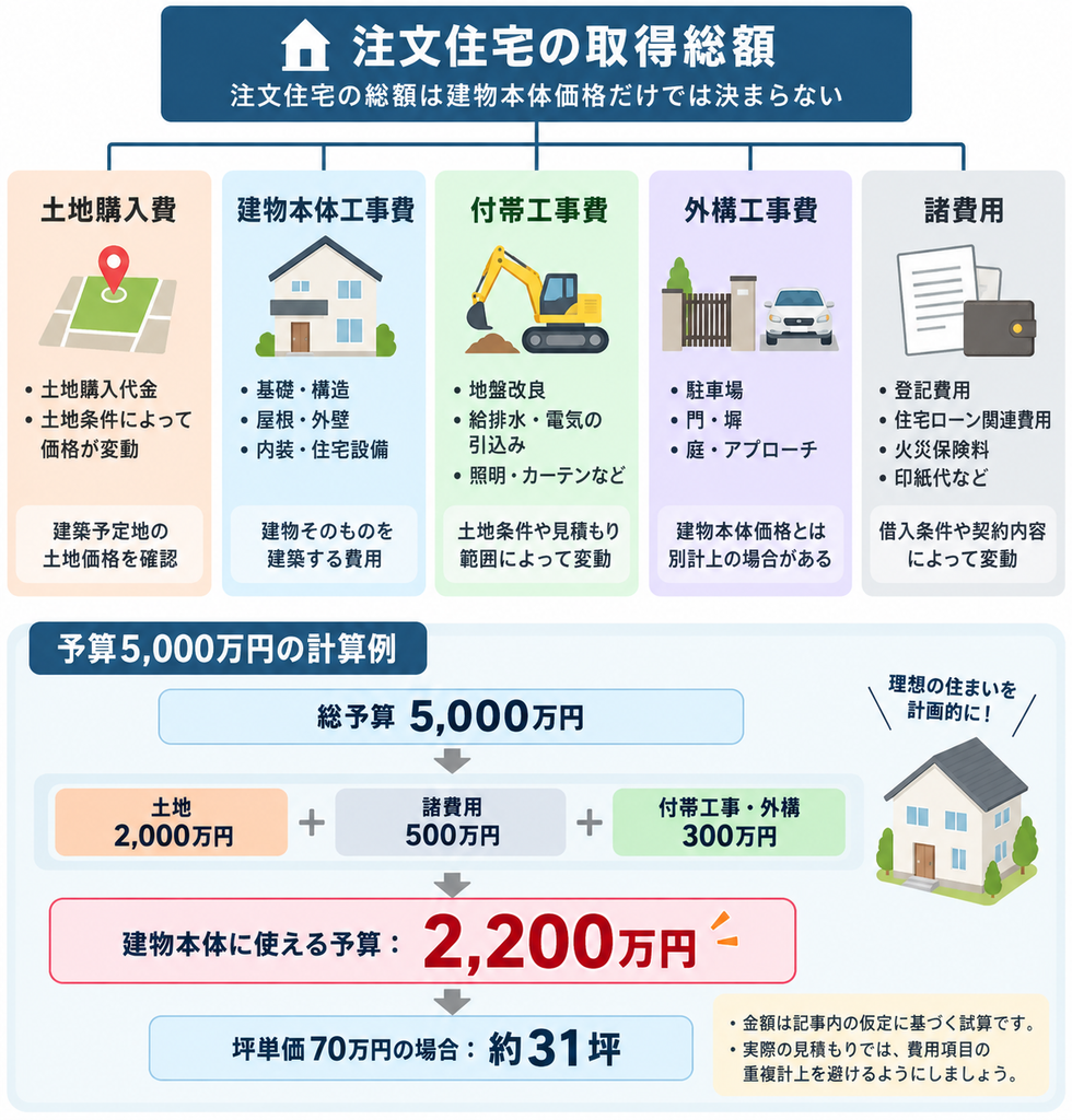  注文住宅の総額を土地、建物本体、付帯工事、外構、諸費用に分け、5000万円の予算配分を示した図