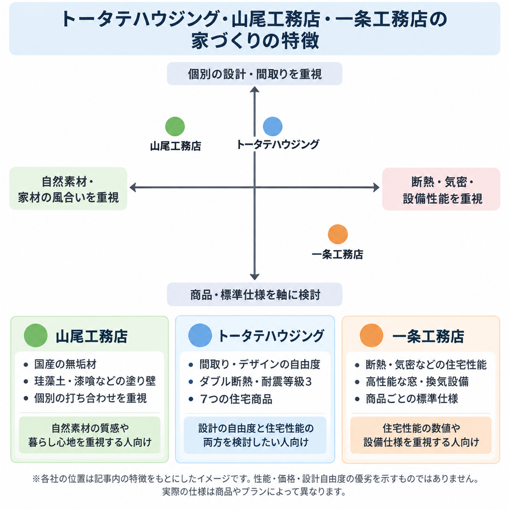  トータテハウジング・山尾工務店・一条工務店を自然素材、住宅性能、設計自由度の観点で整理したポジションマップ