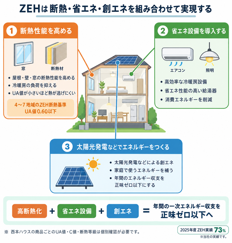ZEHを構成する断熱性能、省エネ設備、太陽光発電の関係と年間エネルギー収支の考え方を示した図