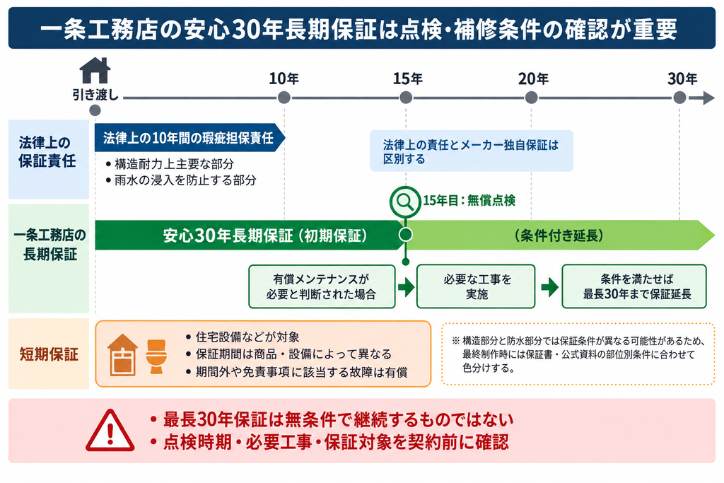 一条工務店の最長30年保証について、法律上の10年保証と点検・延長条件を示した時系列図