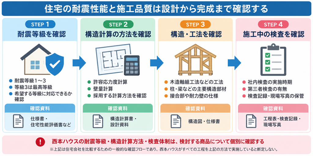 住宅の耐震等級、構造計算、工法、施工検査を設計から完成まで順番に確認するフロー図