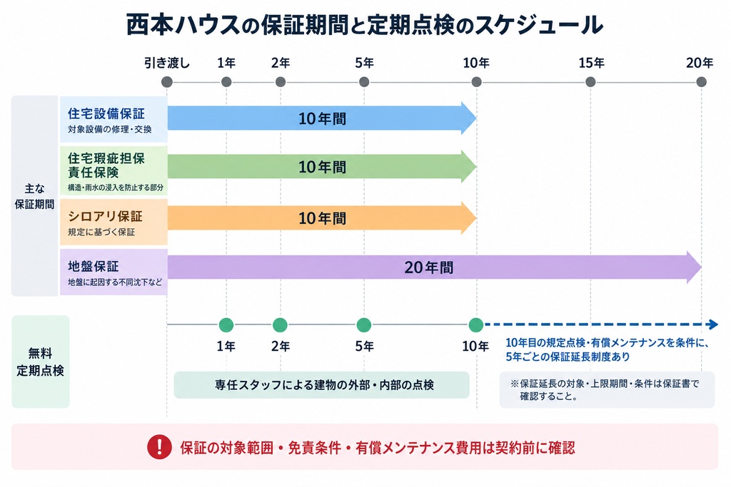 西本ハウスの住宅設備・地盤などの保証期間と、引き渡し後1・2・5・10年の無料定期点検を示す図