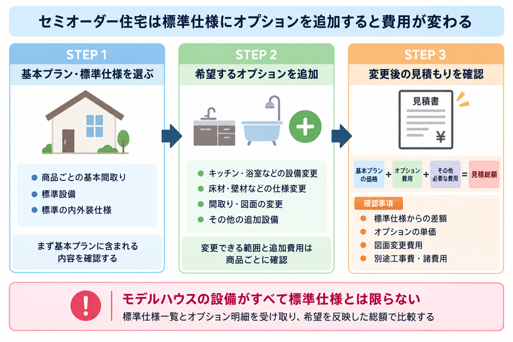  セミオーダー住宅の基本プランに設備変更や間取り変更などのオプションを追加し、見積総額が変わる仕組みを示した図
