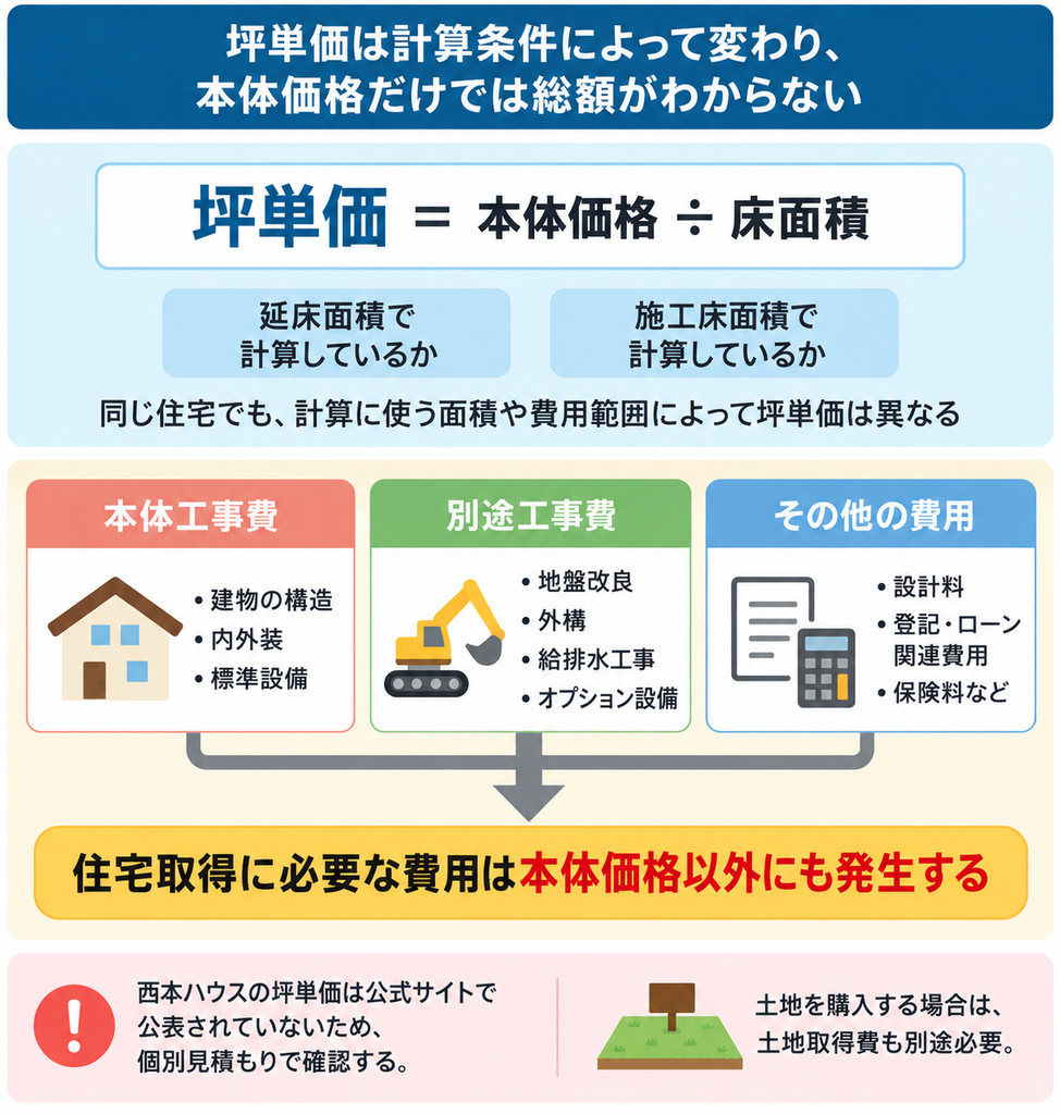 坪単価の計算方法と、本体工事費・別途工事費・諸費用の関係を示し、住宅取得総額との違いを説明した図