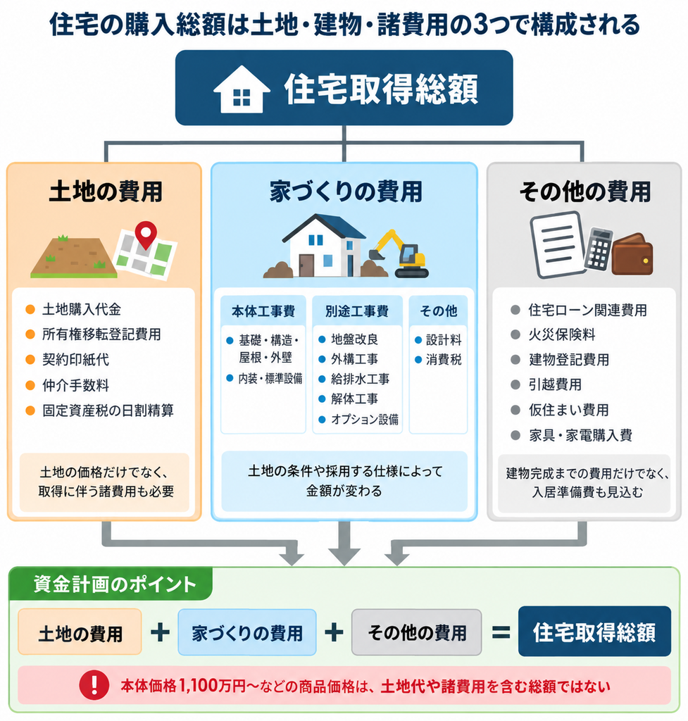  住宅取得総額を土地取得費、建物本体・別途工事費、ローンや登記などの諸費用に分類したツリー図