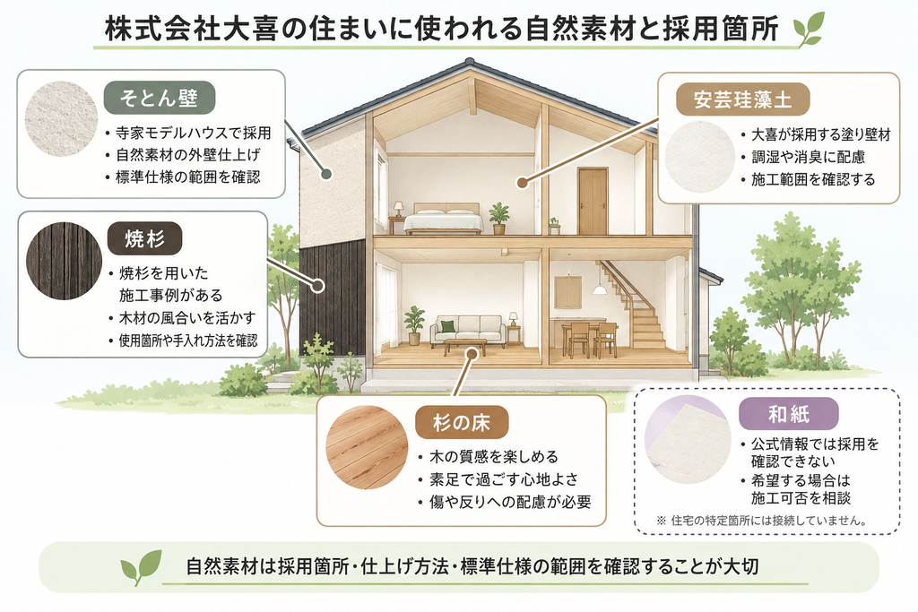株式会社大喜の杉床・安芸珪藻土・焼杉・そとん壁の採用箇所と和紙の確認事項を示した図