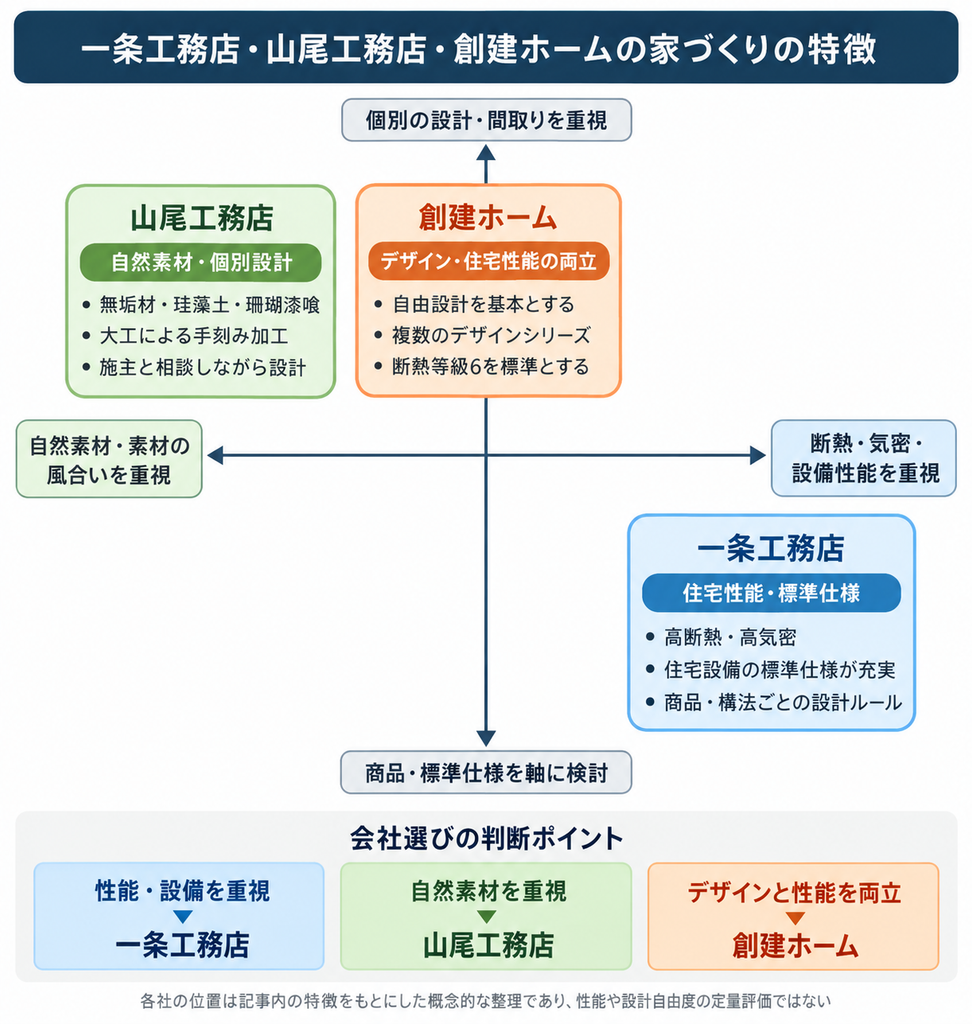  一条工務店・山尾工務店・創建ホームの住宅性能、自然素材、設計自由度の特徴を整理したポジションマップ