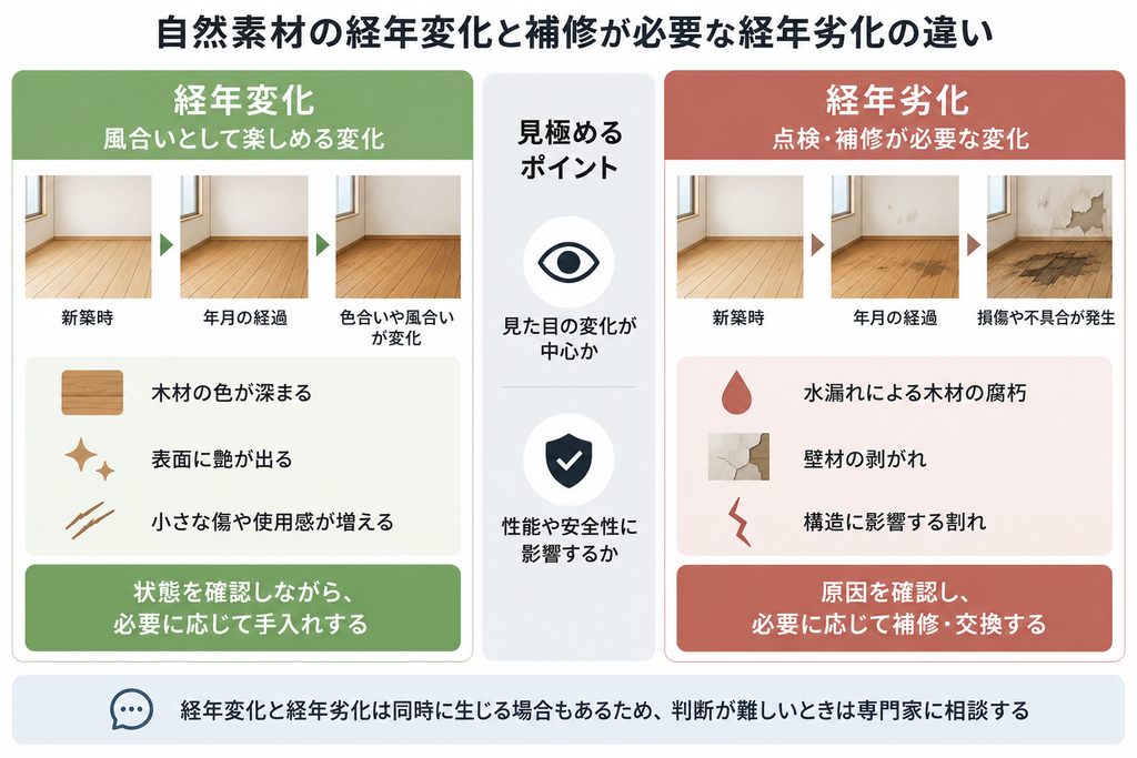 自然素材の色や艶の変化と、腐朽・剥がれなど補修が必要な経年劣化の違いを比較した図