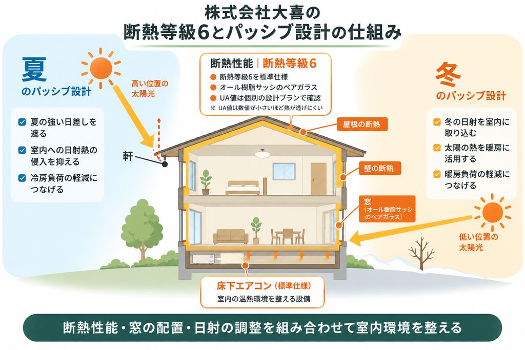 株式会社大喜の断熱等級6と樹脂サッシ、夏の日射遮蔽・冬の日射取得の仕組みを示した図