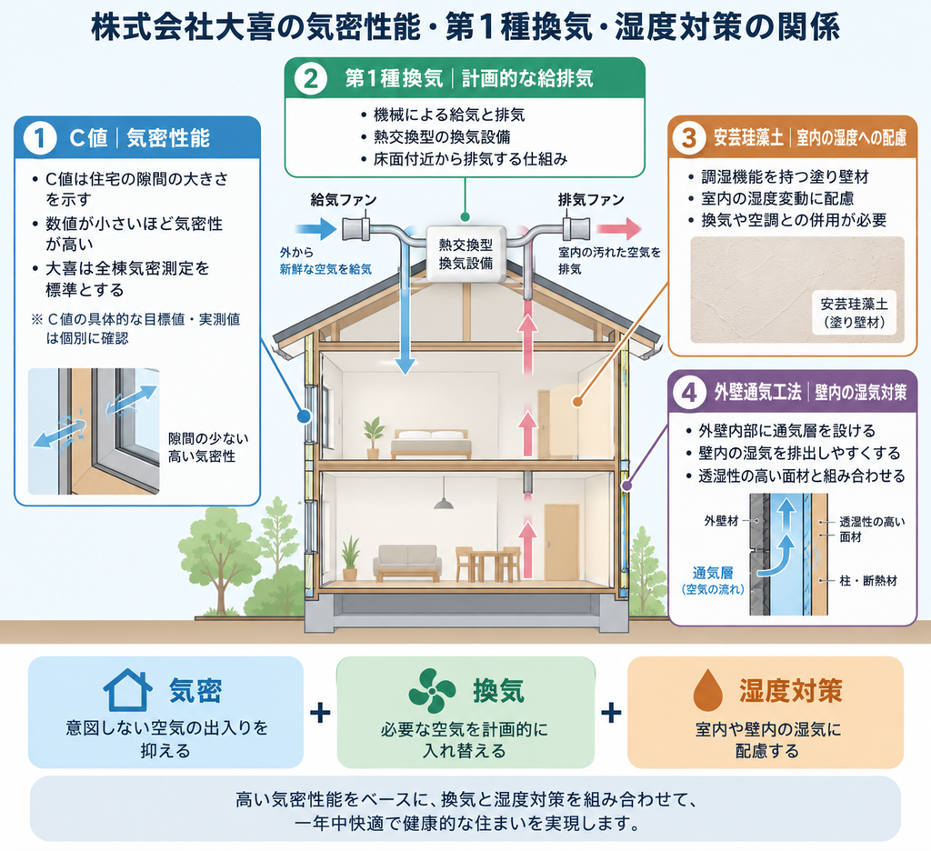 株式会社大喜の全棟気密測定、第1種換気、安芸珪藻土、外壁通気工法の役割を示した図