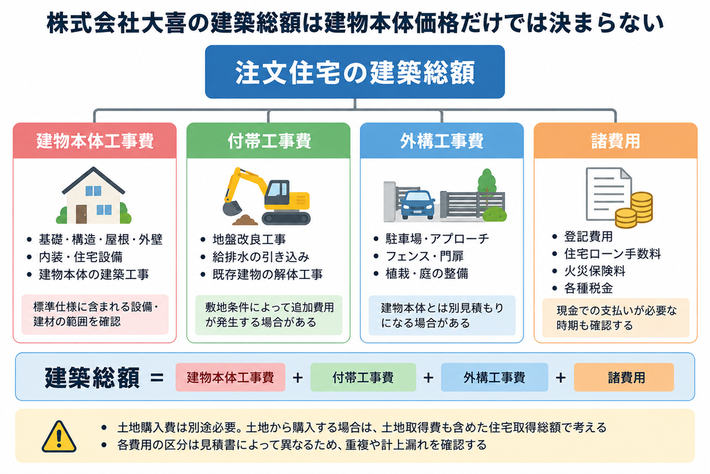 株式会社大喜の注文住宅に必要な建物本体・付帯工事・外構・諸費用の4つの費用構成を示した図