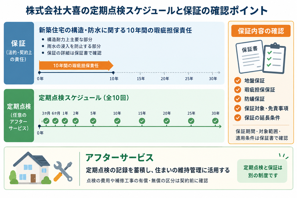 株式会社大喜の引き渡し後30年間・計10回の定期点検時期と住宅保証の確認事項を示した図