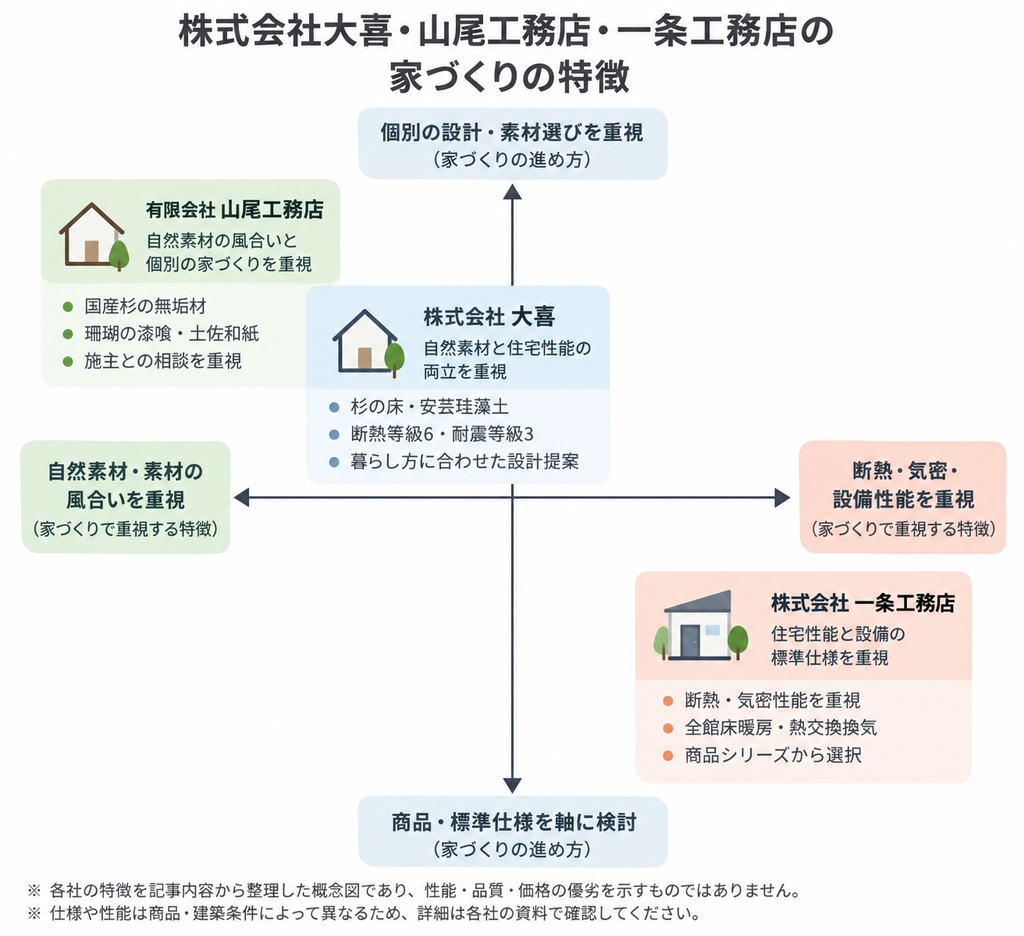 株式会社大喜・山尾工務店・一条工務店の自然素材・住宅性能・設計方針の違いを示したポジションマップ