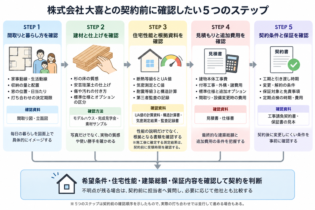 株式会社大喜との契約前に間取り・建材・住宅性能・見積もり・契約条件を確認する5ステップ図