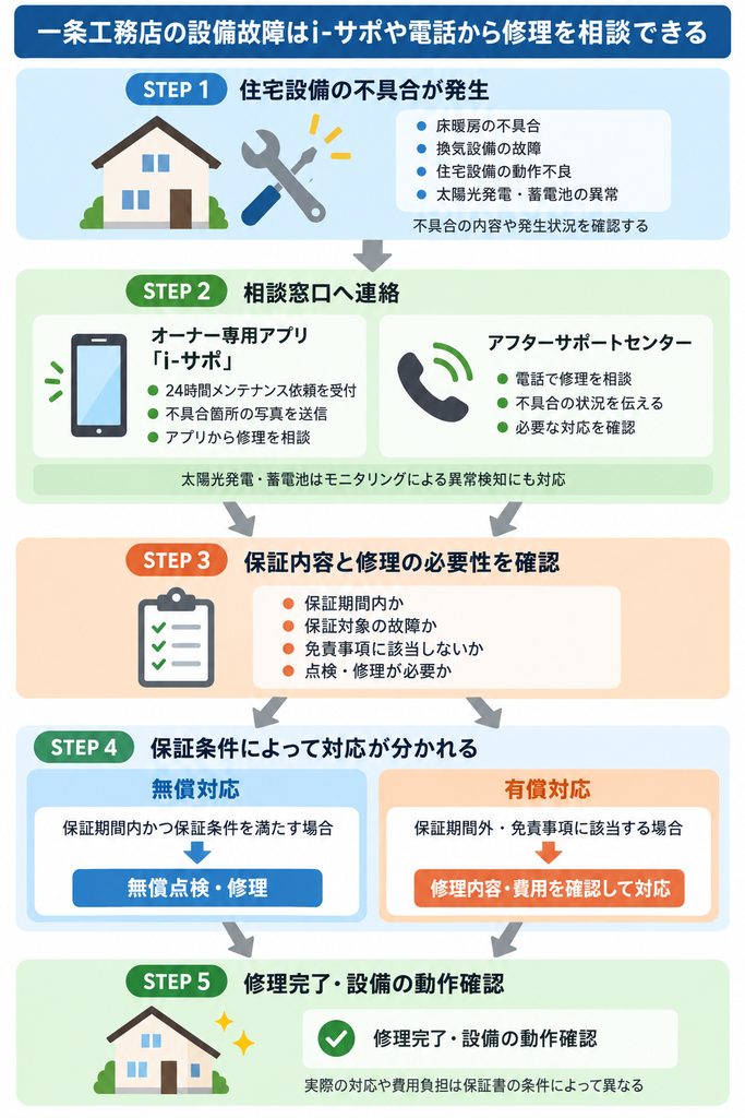 一条工務店の設備故障時にi-サポや電話で相談し、保証条件に応じて修理する流れを示した図