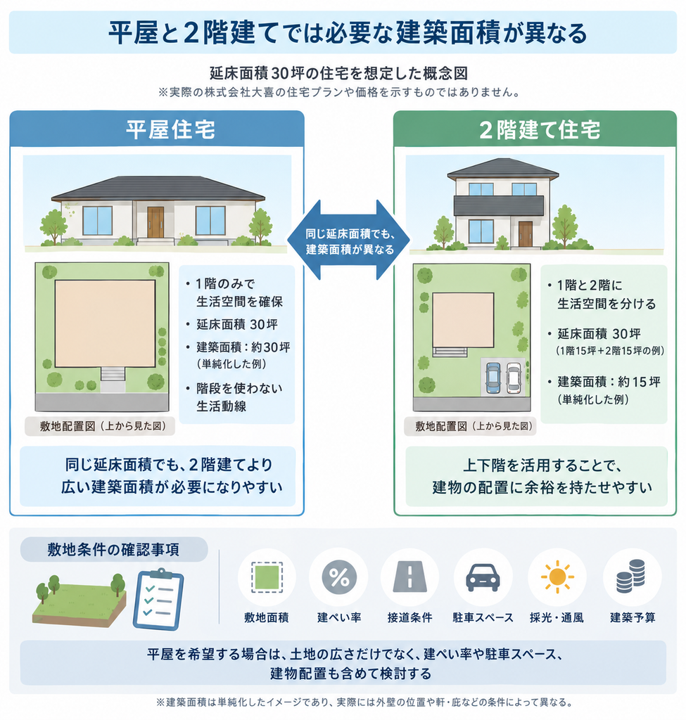 延床面積30坪の平屋と2階建てを比較し、建築面積や必要な敷地条件の違いを示した図