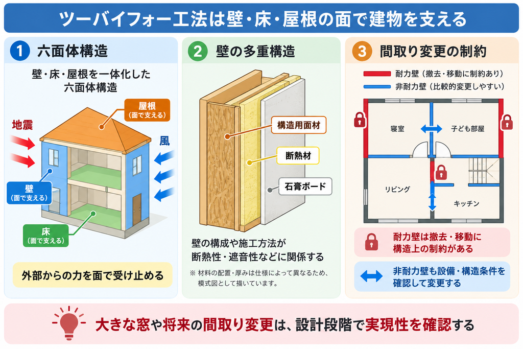 ツーバイフォー工法の六面体構造と壁の多重構造、耐力壁による間取り変更の制約を示した住宅構造図