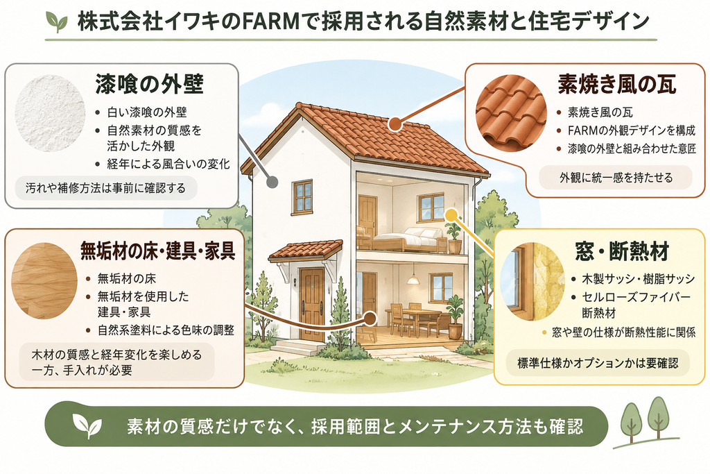 株式会社イワキのFARMで採用される漆喰外壁、素焼き風瓦、無垢材、窓・断熱材の特徴を示した住宅概念図