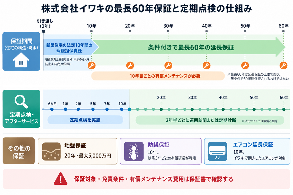 株式会社イワキの最長60年保証と10年ごとの有償メンテナンス、定期点検の時期を示したタイムライン図