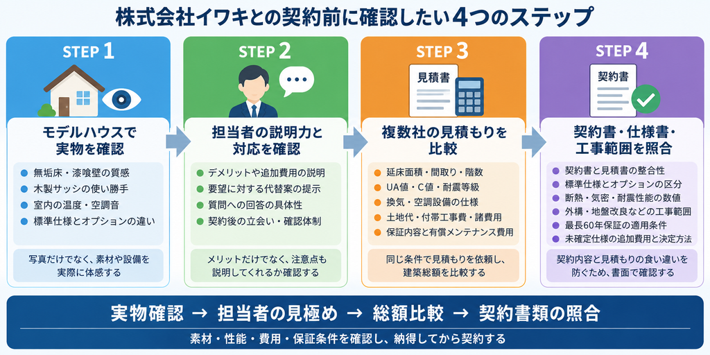 株式会社イワキとの契約前に行うモデルハウス見学、担当者確認、見積比較、契約書類照合の4ステップを示した図