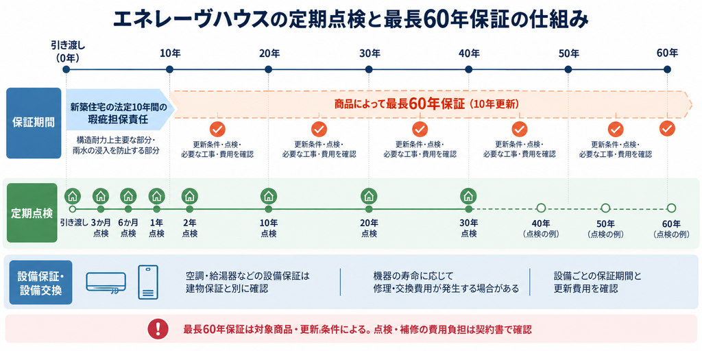 エネレーヴハウスの定期点検時期と最長60年保証の更新条件を示すタイムライン図
