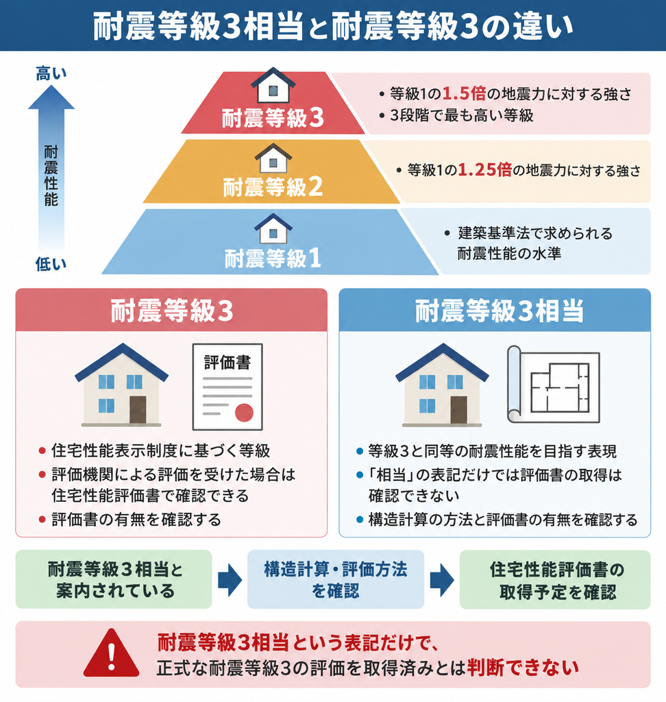 耐震等級1〜3の性能水準と耐震等級3相当・評価書取得の違いを示す比較図