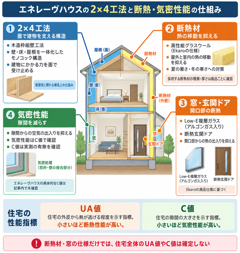 2×4工法の住宅断面を使い、構造・断熱材・窓・気密性能の役割を説明する図