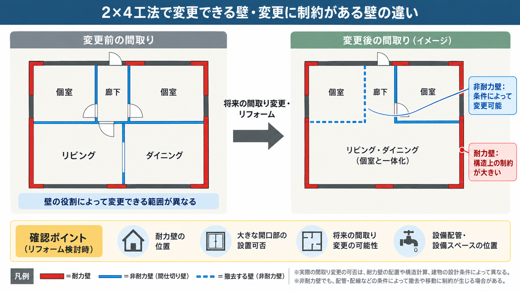 2×4工法の耐力壁と非耐力壁の違いを、間取り変更前後の平面図で比較した図