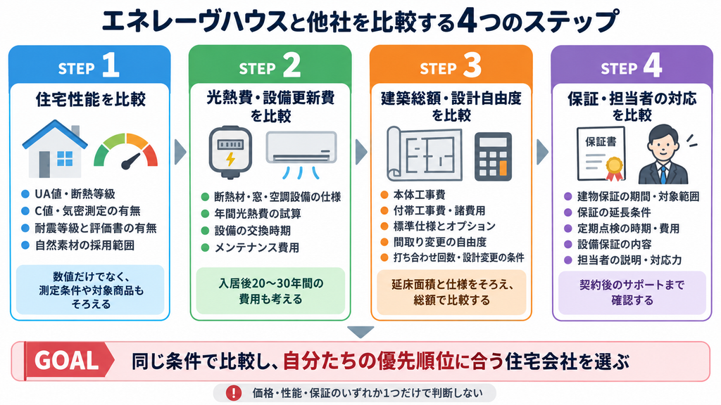 エネレーヴハウスと他社を住宅性能・維持費・建築総額・保証の4段階で比較する手順図