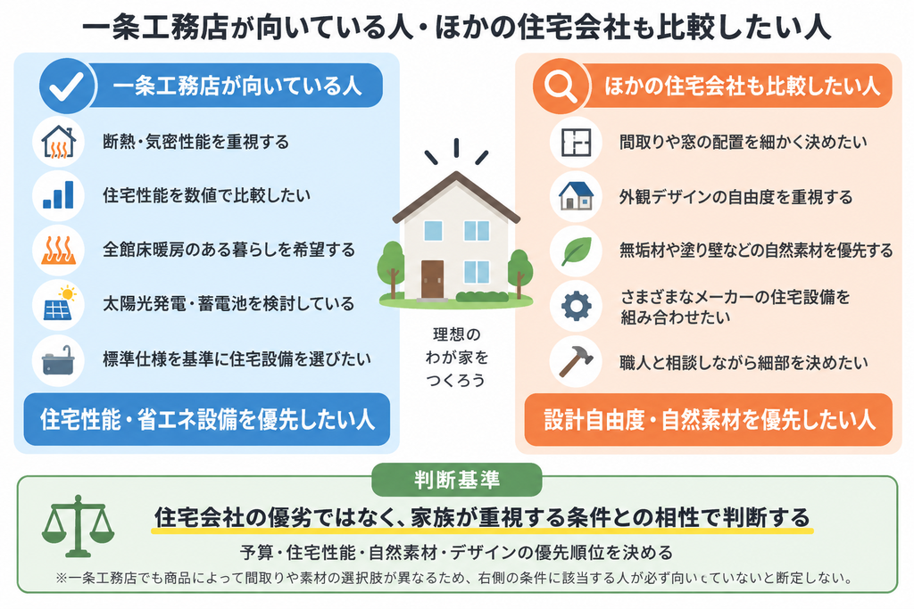 一条工務店が向いている人と他社比較をおすすめする人を、住宅性能・設計自由度・素材の観点から整理した図