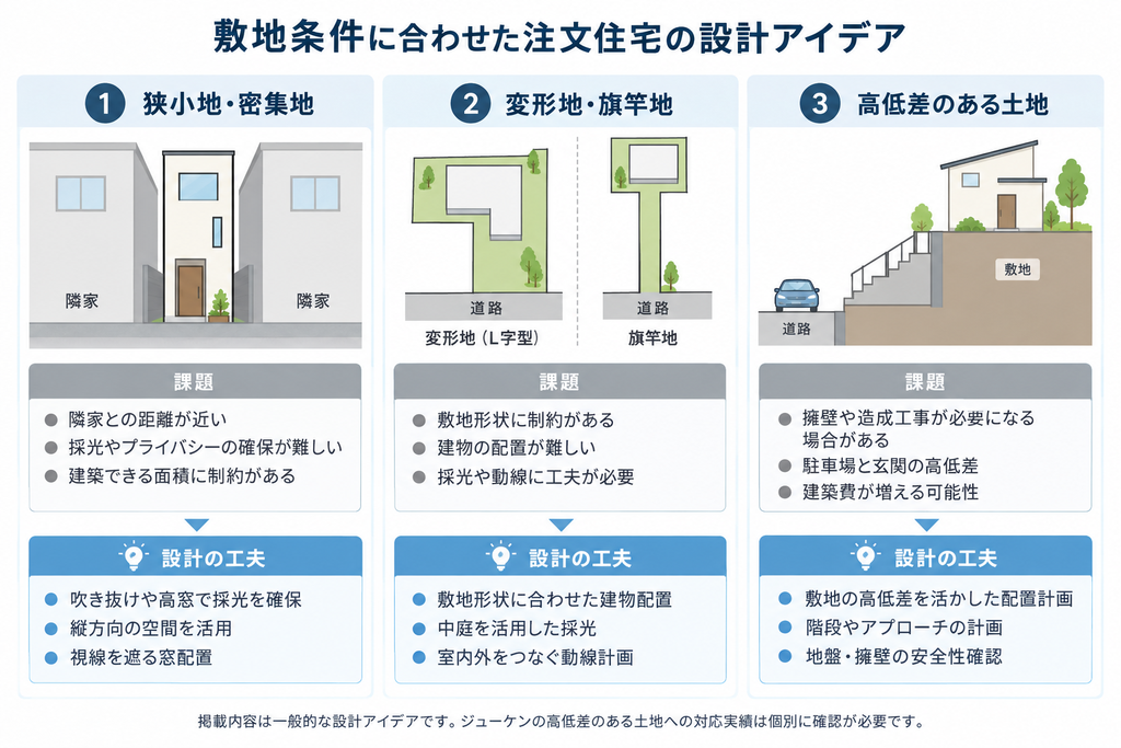 狭小地・変形地・高低差のある土地について、設計上の課題と採光・建物配置などの工夫を比較した図