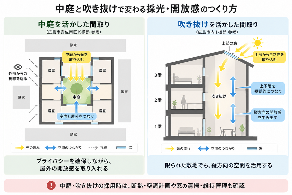 中庭による採光とプライバシー確保、吹き抜けによる上下階のつながりと採光の仕組みを比較した図