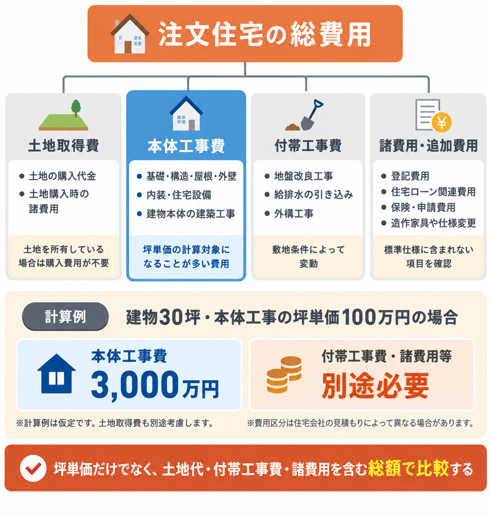 注文住宅の総費用を土地取得費・本体工事費・付帯工事費・諸費用に分け、坪単価だけでは総額が決まらないことを示す図