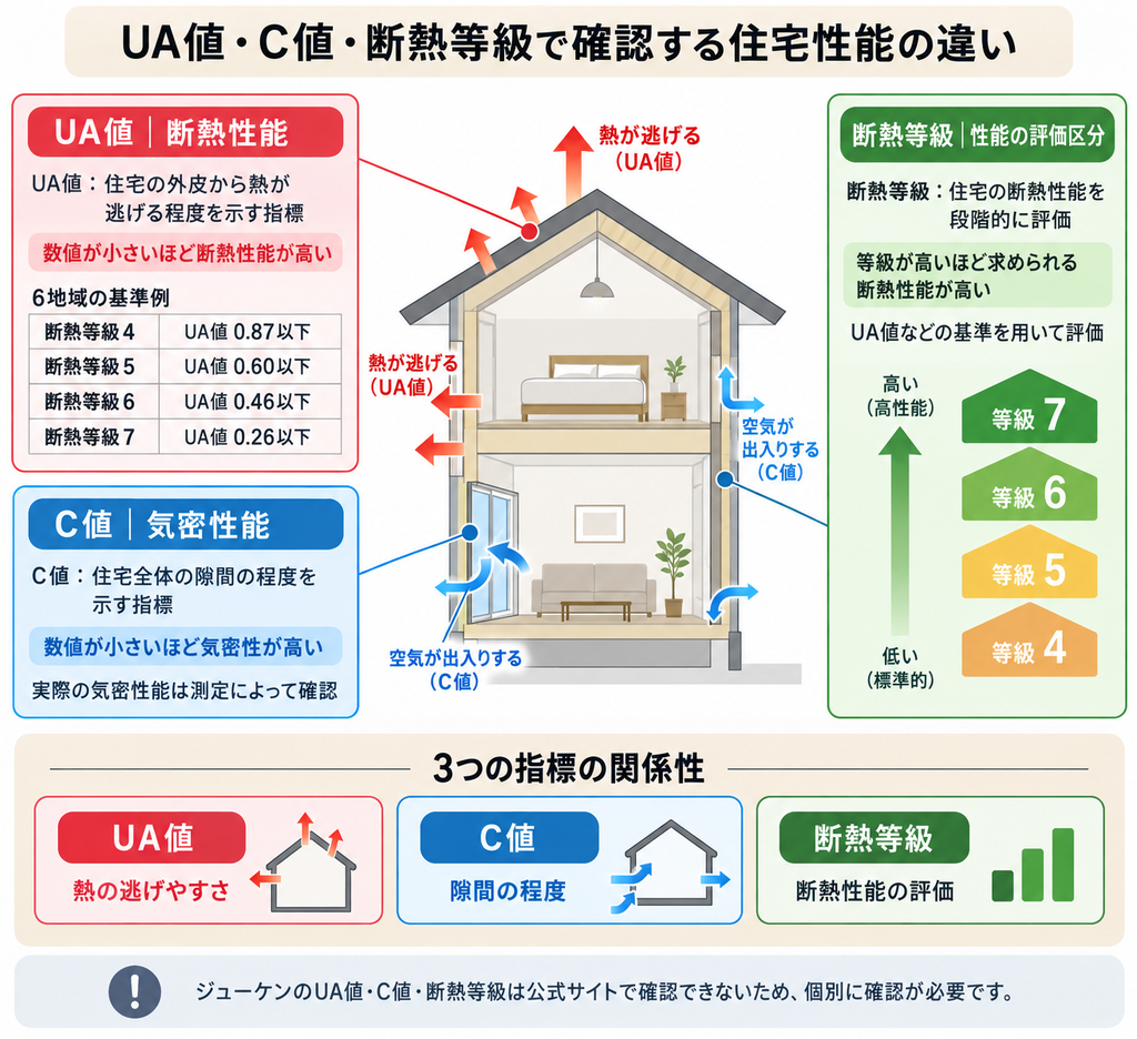 住宅断面を使い、UA値が示す断熱性能、C値が示す気密性能、断熱等級による評価の違いを説明した図