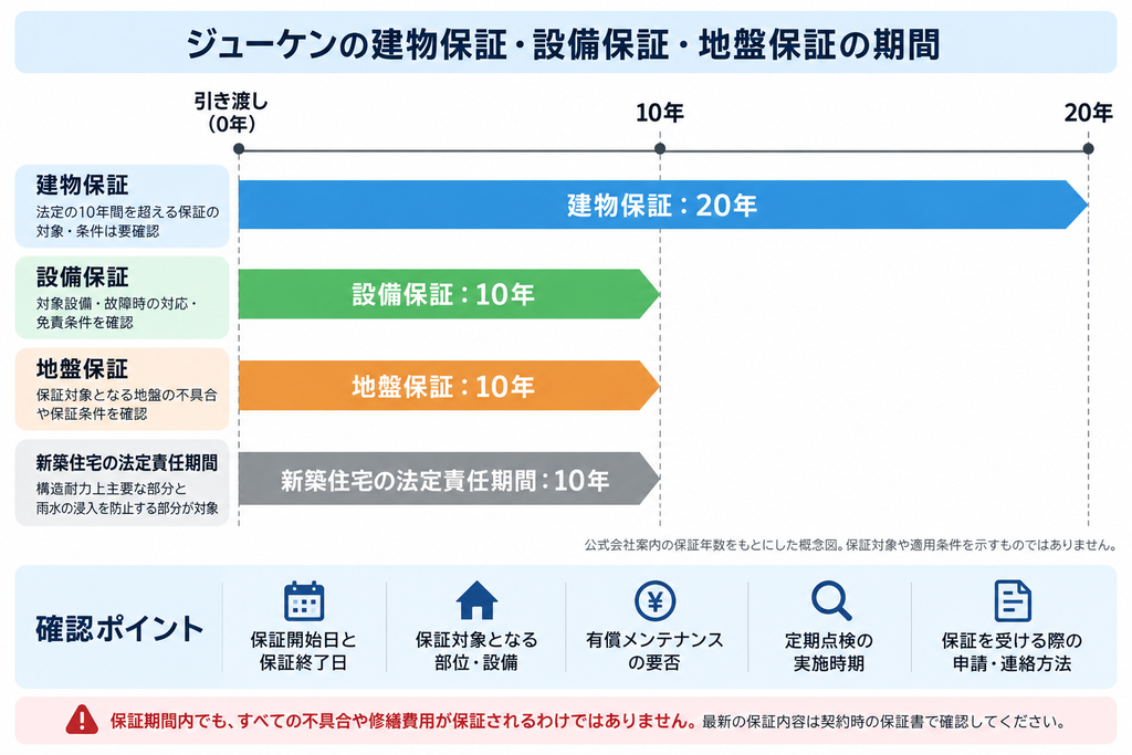 ジューケンの建物保証20年・設備保証10年・地盤保証10年と、新築住宅の法定責任期間10年を比較した図