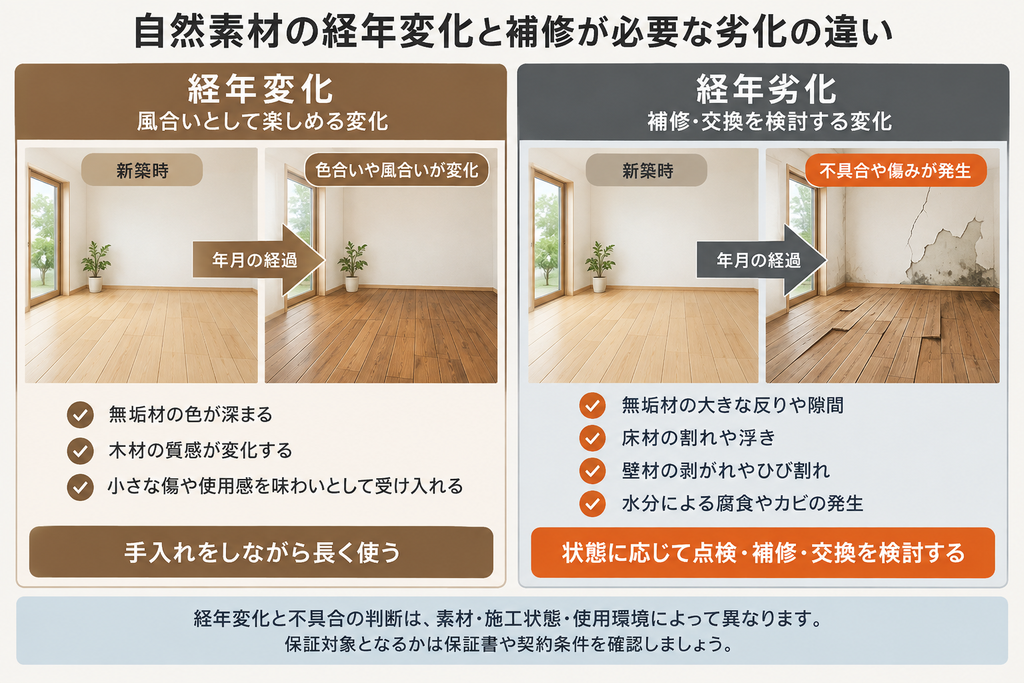 自然素材の色合いや風合いが変わる経年変化と、床の反り・割れなど補修を検討する劣化の違いを比較した図