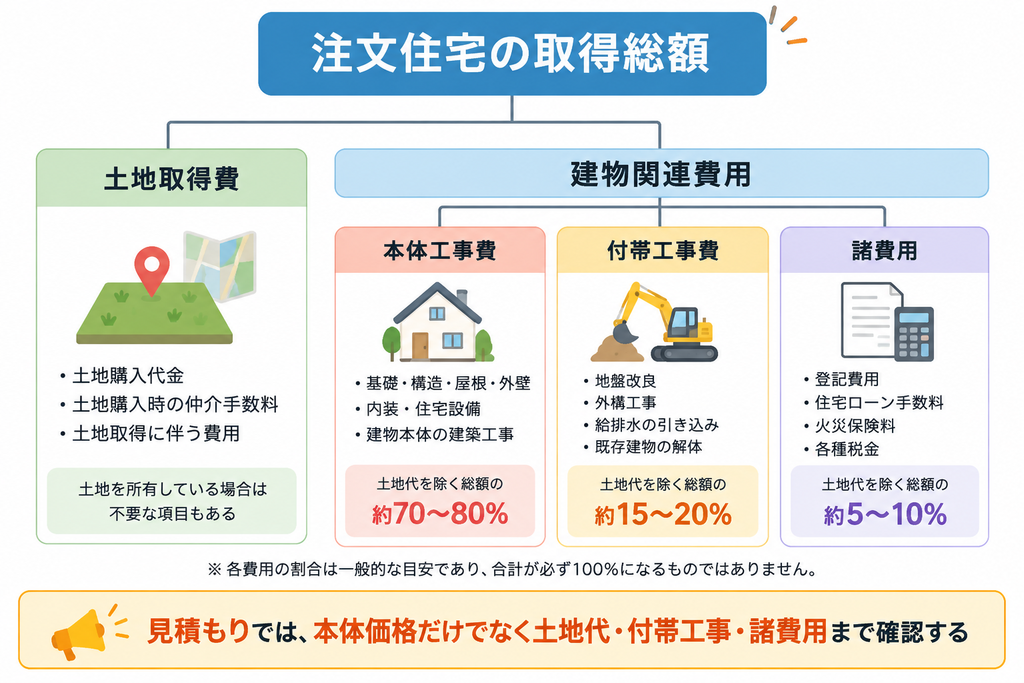 注文住宅の取得総額を土地取得費、本体工事費、付帯工事費、諸費用に分けて示した費用構成図