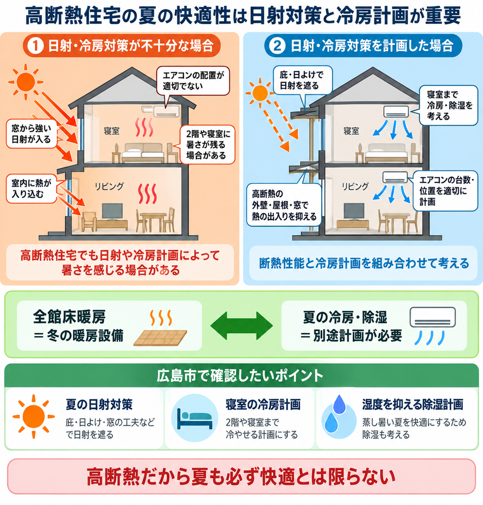 高断熱住宅で夏に暑さを感じる原因と、日射遮蔽・エアコン配置・除湿計画の関係を示した図