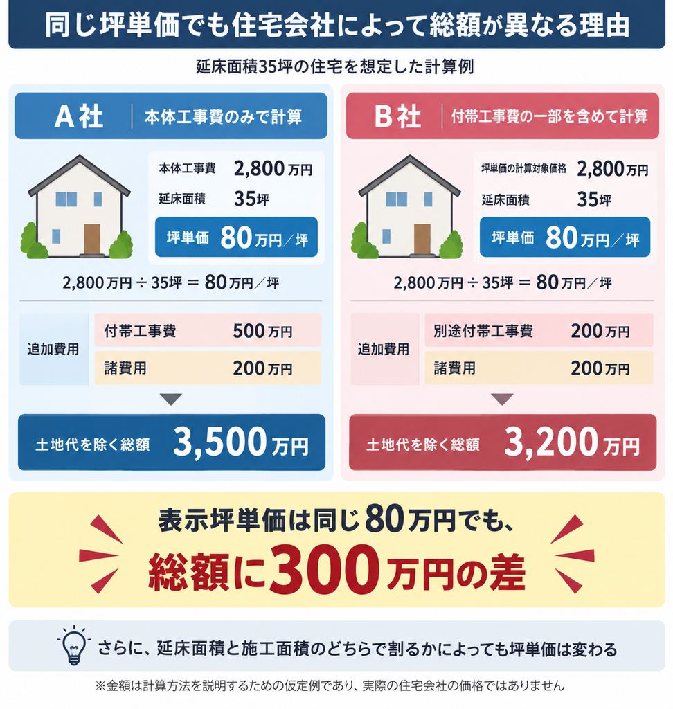 坪単価が同じ80万円でも含まれる工事費の違いで建築総額に差が出る仕組みを示した比較図