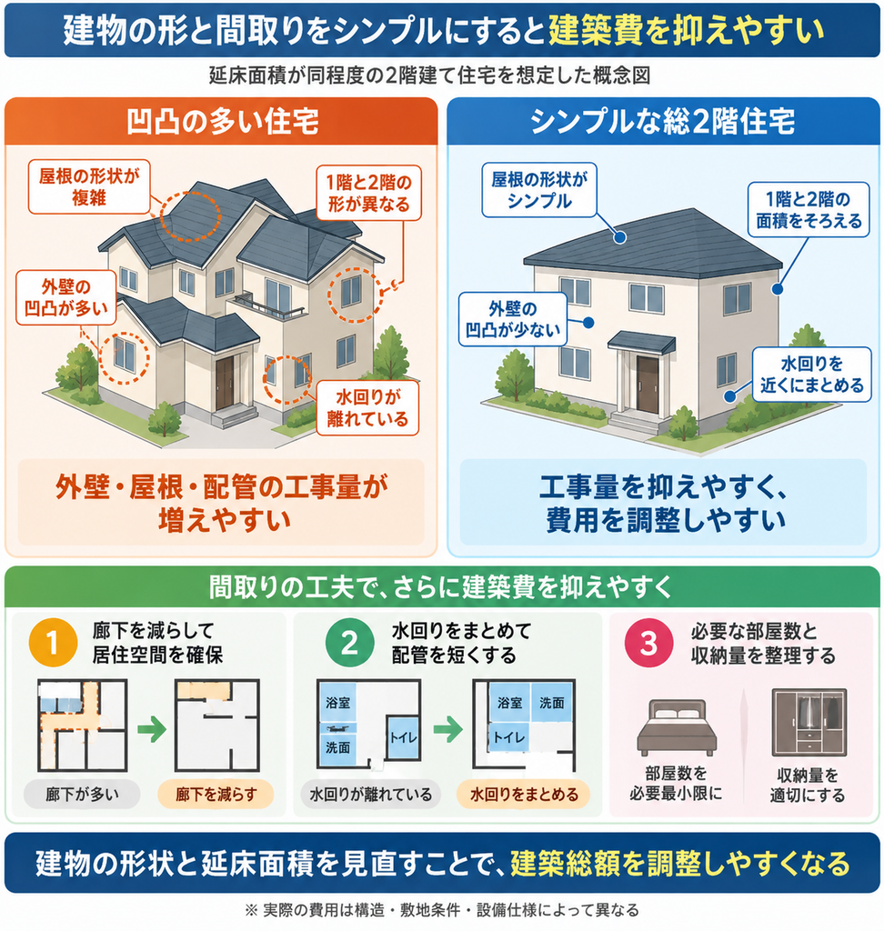 凹凸の多い住宅とシンプルな総2階住宅を比較し、外壁や屋根の工事量と建築費の関係を示す図