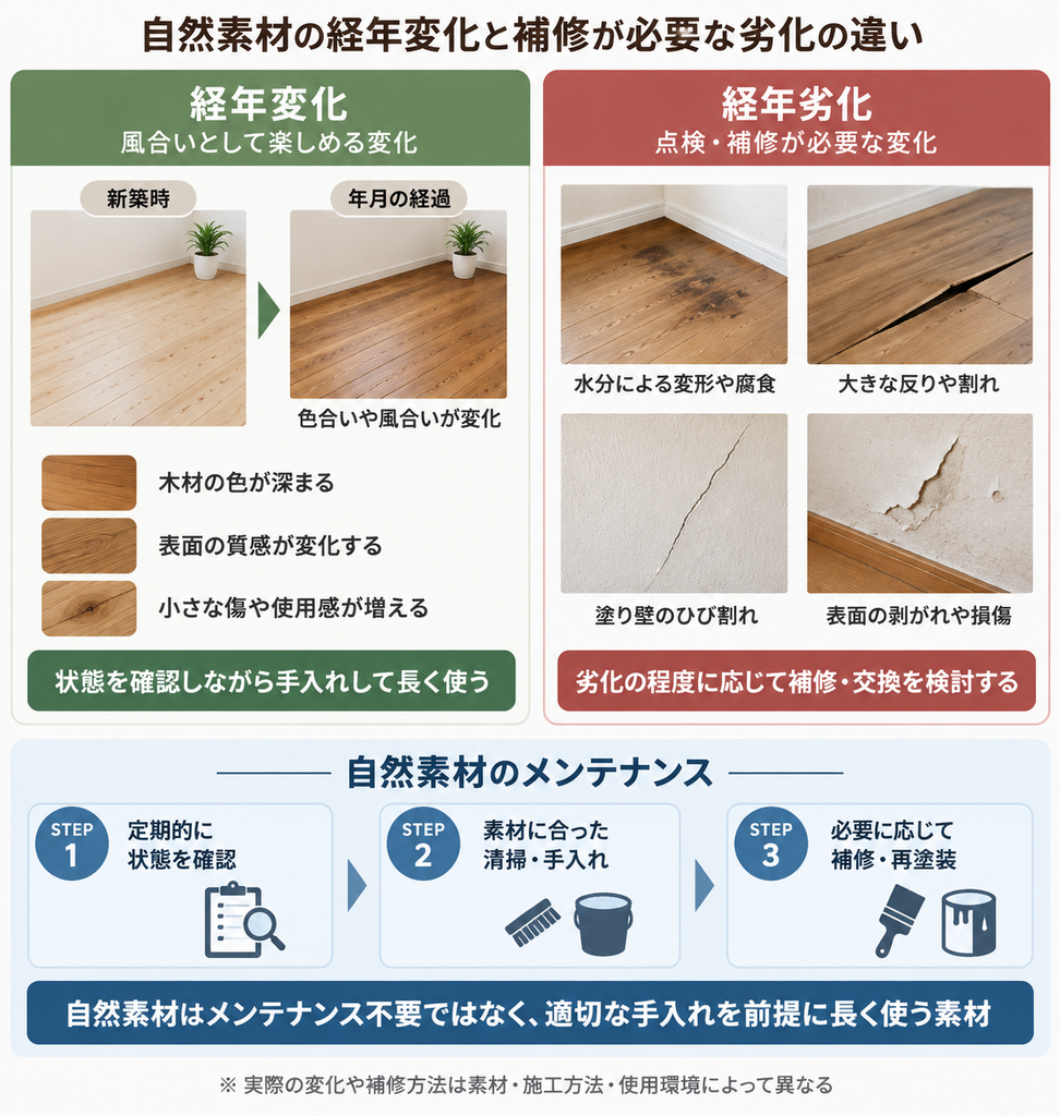 無垢材や塗り壁の自然な経年変化と補修が必要な劣化を比較し、メンテナンスの考え方を示す図