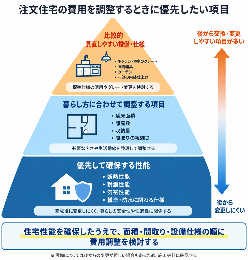 注文住宅の費用調整で断熱・耐震性能を優先し、間取りや住宅設備を見直す順序を示したピラミッド図