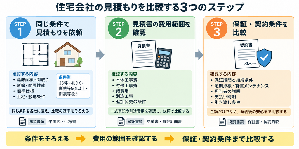 注文住宅の見積もりを同じ条件で依頼し、費用範囲と保証・契約条件を比較する3ステップ図